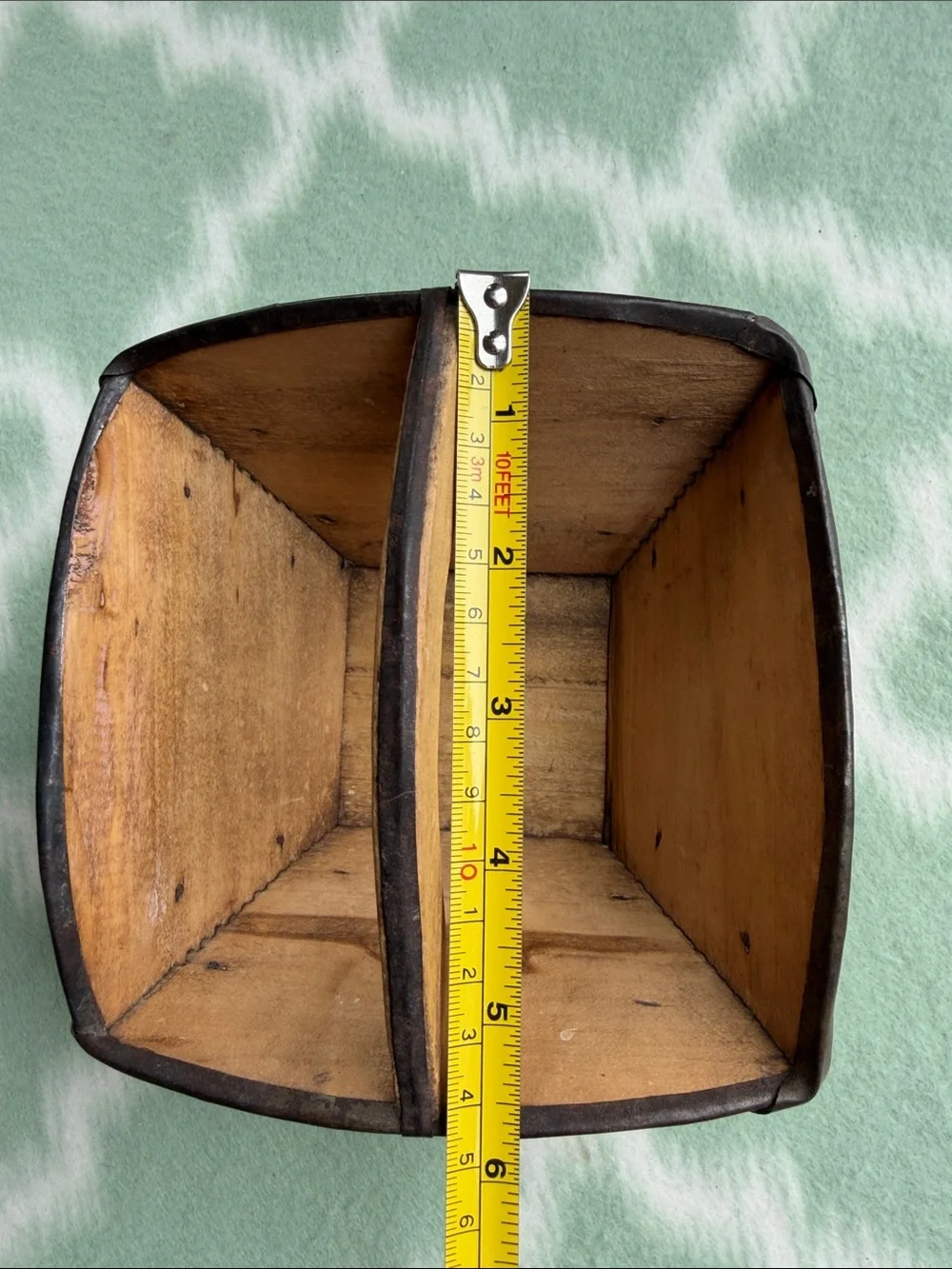 Antique Chinese Wooden Rice Bucket with iron and dovetail joints - brown tan